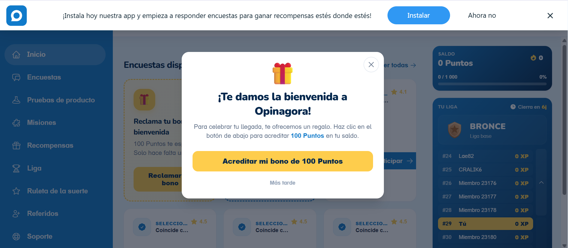 100 puntos de regalo en opinagora por registro