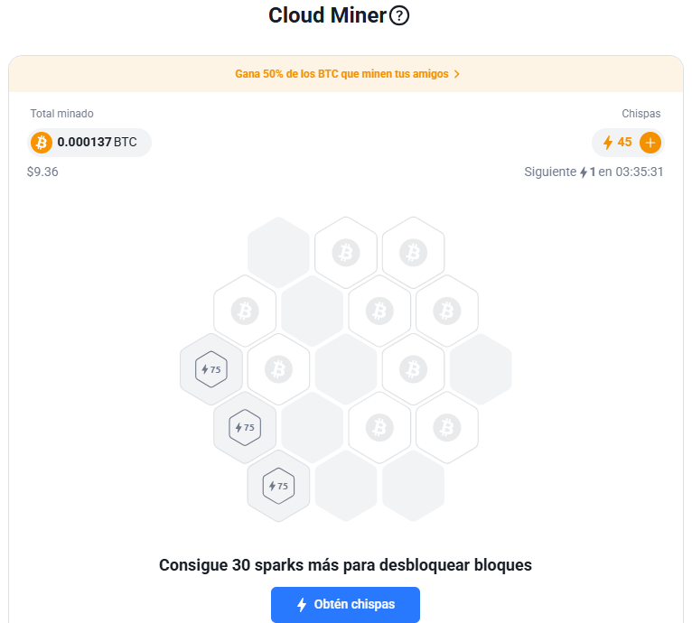 Cuando desbloqueas las colmenas en Cloud Miner con chispas, recibes recompensas en bitcoin