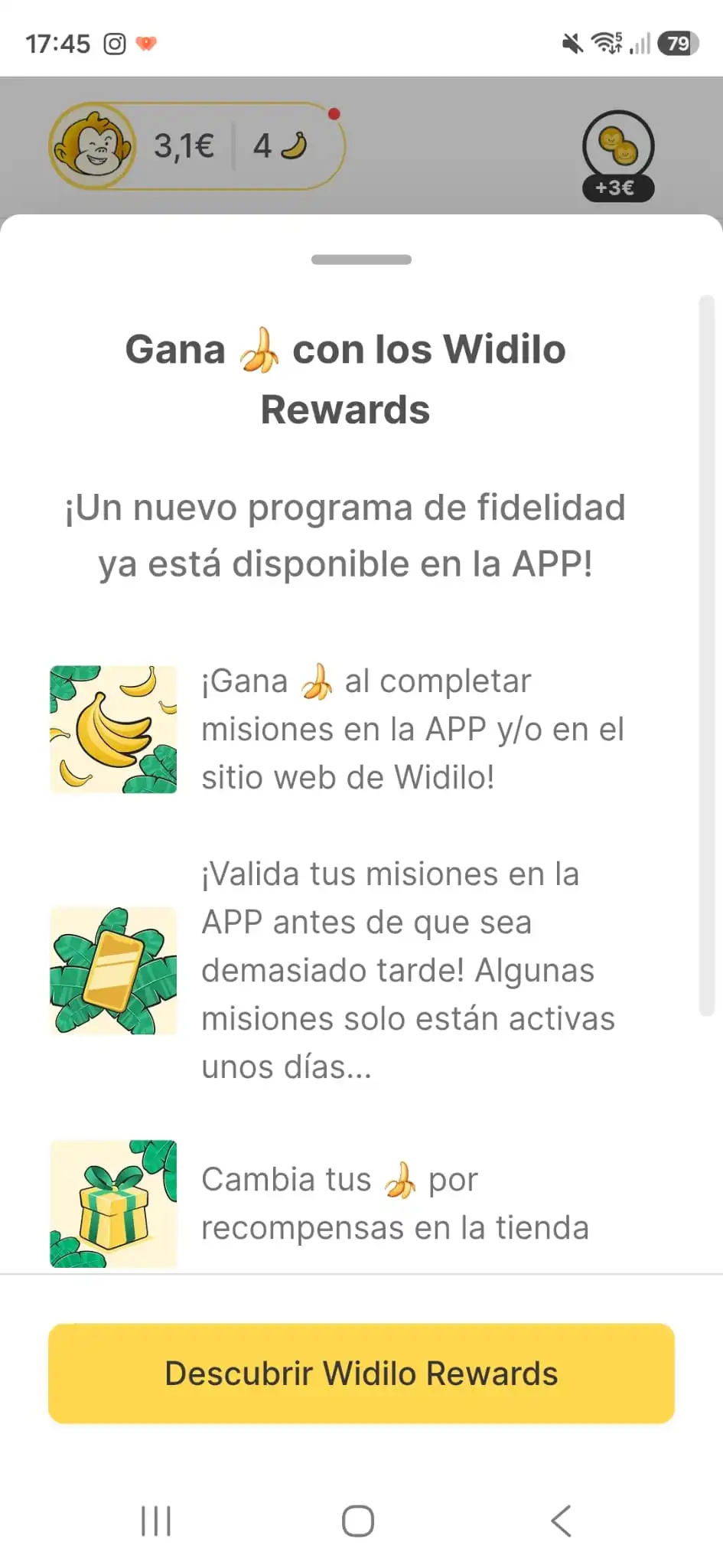 El programa de recompensas de widilo te permite acumular bananas canjeables por tarjetas regalo