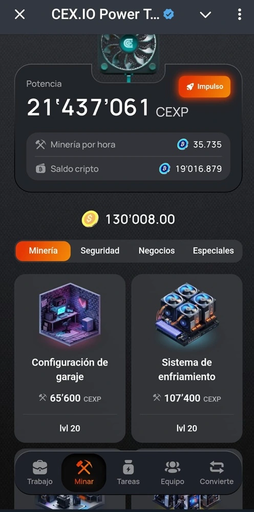 Hay que subir de nivel en la minería para obtener mas CEXP