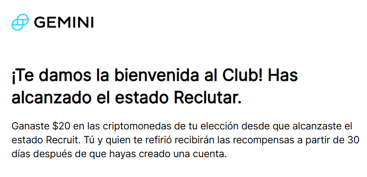 Si eres apto para recibir la recompensa Gemini exchange te enviará un mail