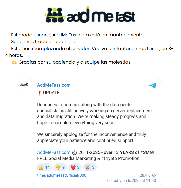 addmefast abandonó su sitio web y desapareció en 2025 - no recomendada