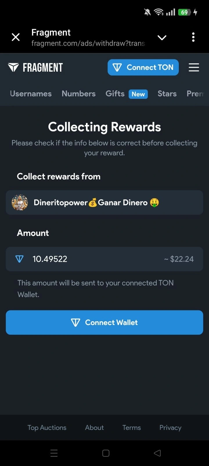 asocia tu billetera telegram a Fragment para cobrar las ganancias de tu canal