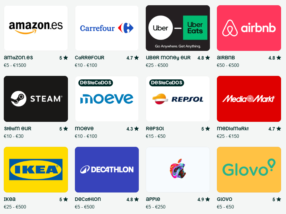 captura con las tarjetas regalo disponibles en bitrefill españa