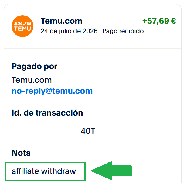 comisión de temu afiliados recibida en paypal