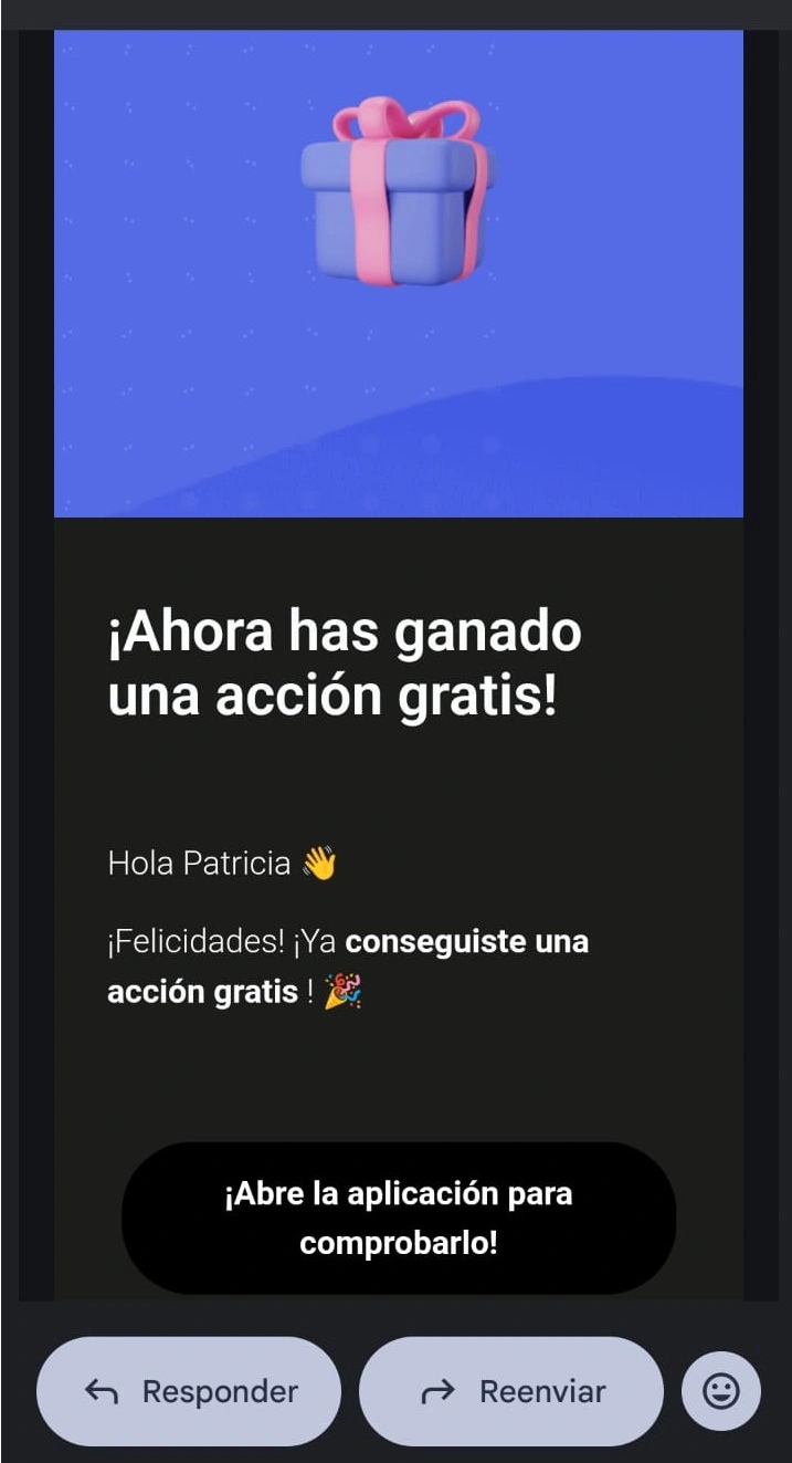 cuando recibes una accion gratis en wealthyhood te avisan por mail