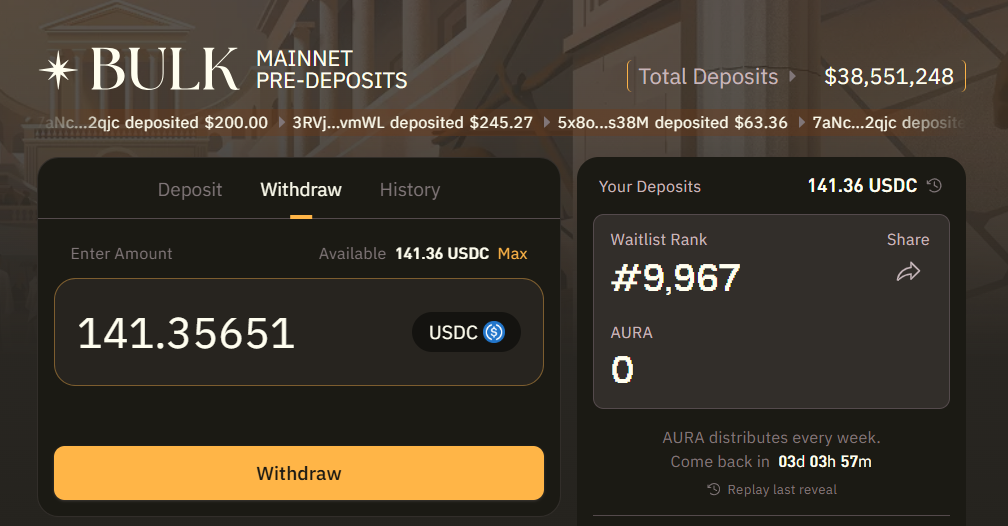 deposita USDC solana en Bulk exchange para recibir AURA airdrop
