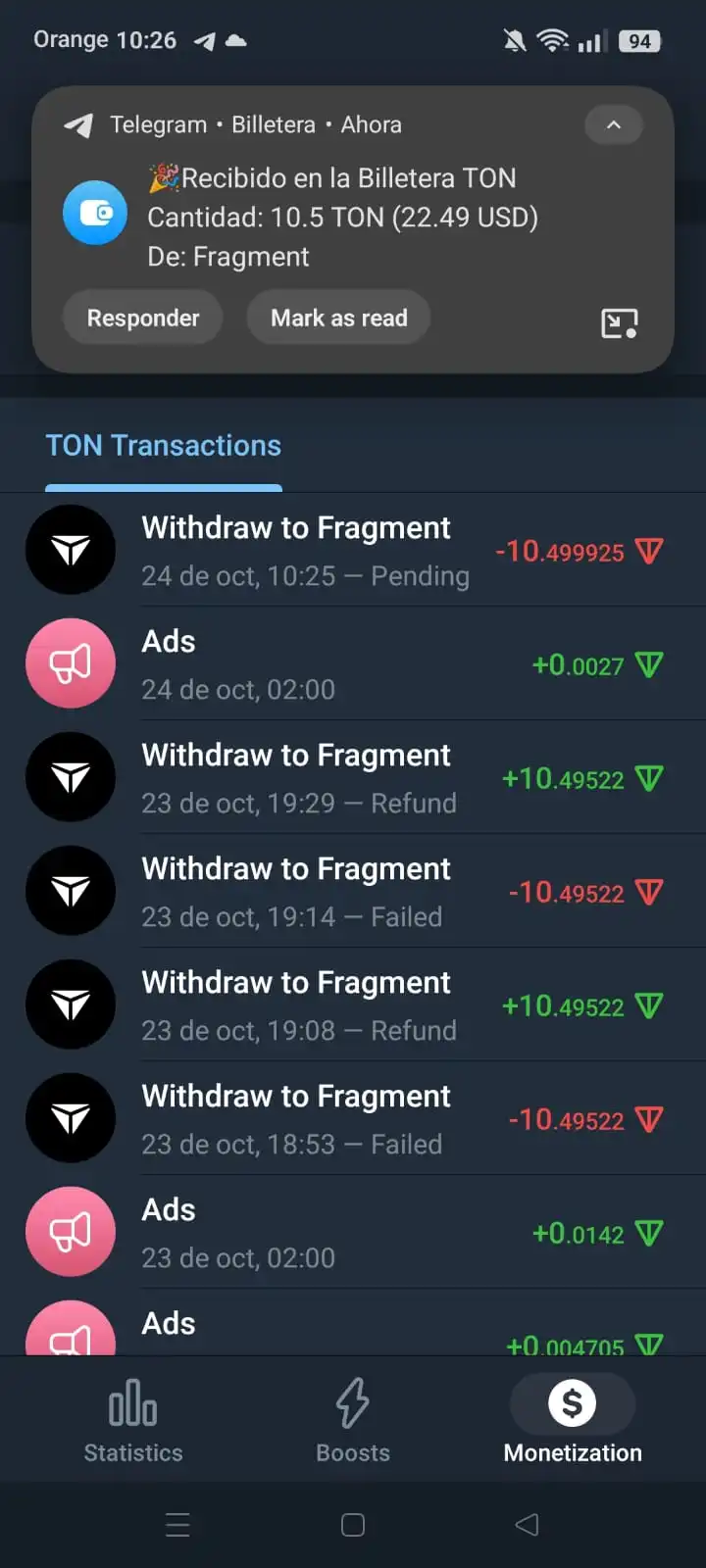 dinero recibido en wallet de telegram gracias al programa de recompensas de anuncios