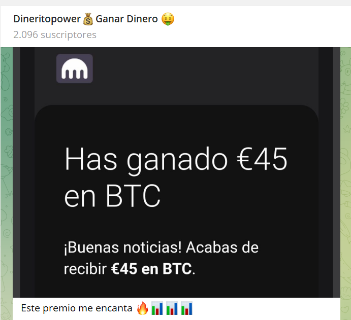 ejemplo de recompensa recibida en mi Canal de Telegram dineritopower