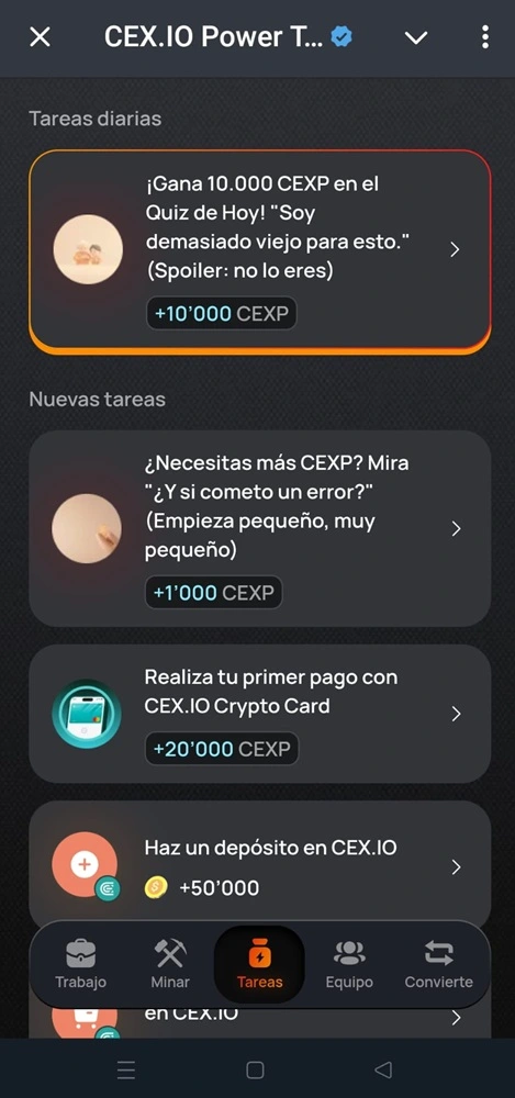 hacer las tareas en power tap de cex io te asegura recibir mas tokens cexp