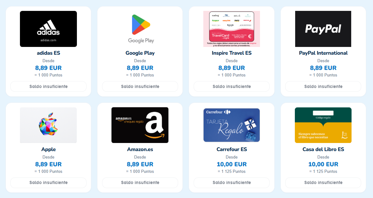los puntos de opinagora se intercambian por tarjetas regalo y dinero paypal