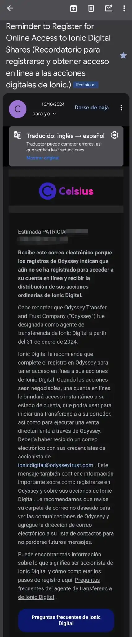 mail recibido de Celsius Network para registrame en Odyssey y recibir las acciones de IOND